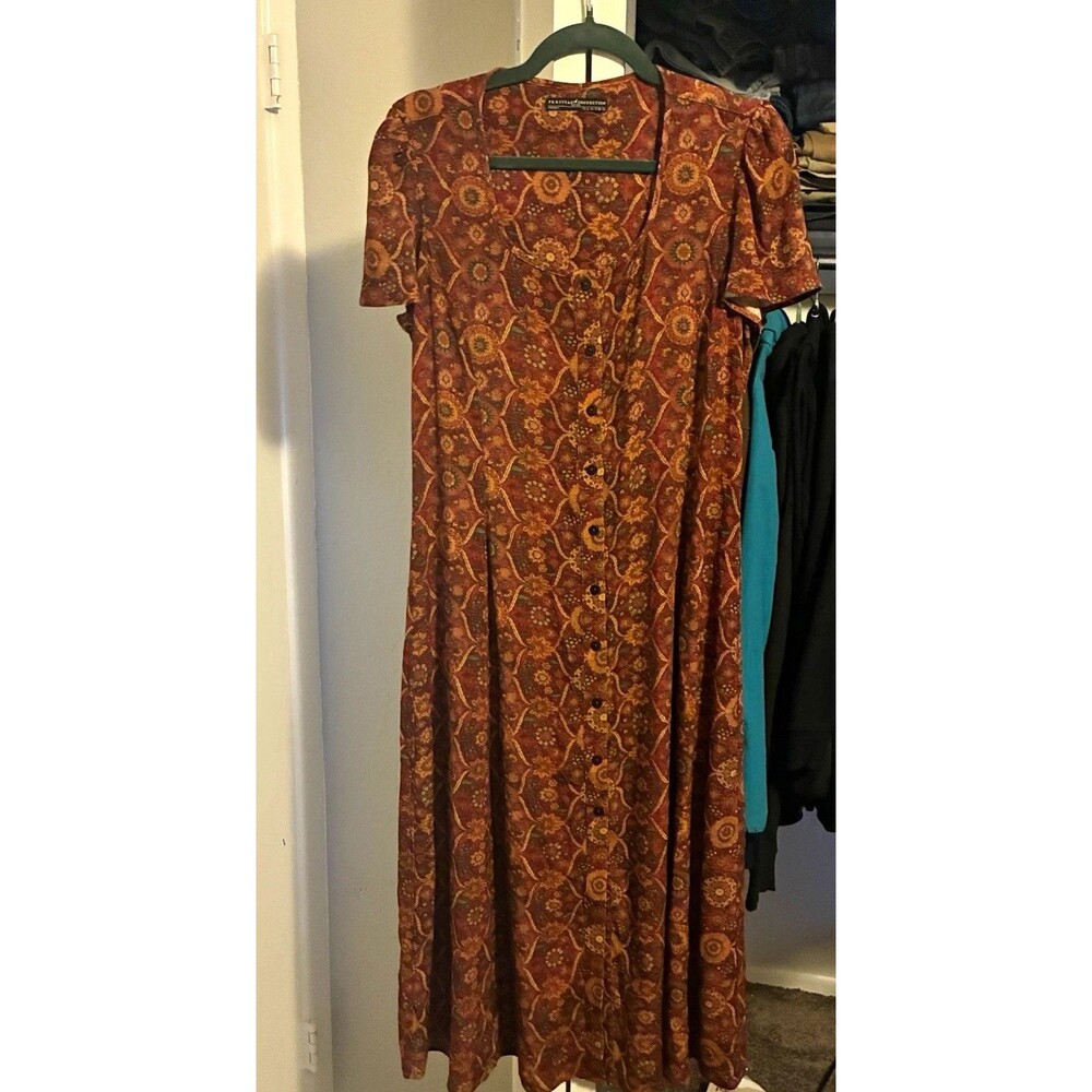 Peruvian Connection Women's Size 6 Brown/Red Floral Button Front Midi Dress
